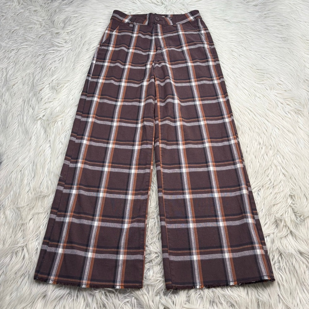 Brixton Women's 26 Brown Orange Plaid Wide Leg Woven Pant Academia Cotton Blend
